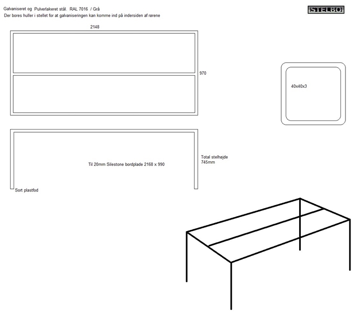 20190528 Bordstel til havebord. Galvaniseret + pulverlakeret. 2148x970mm