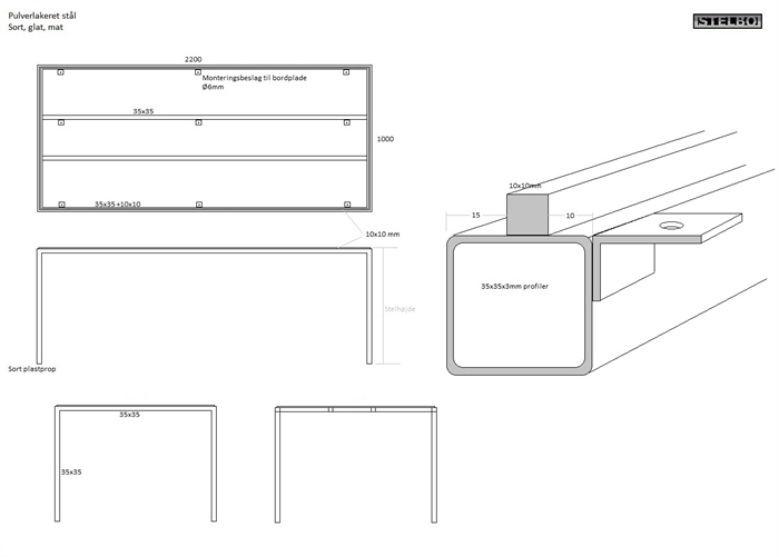 20170402 Specialfremstillet bordstel. Pulverlakeret sort.2200x1000mm