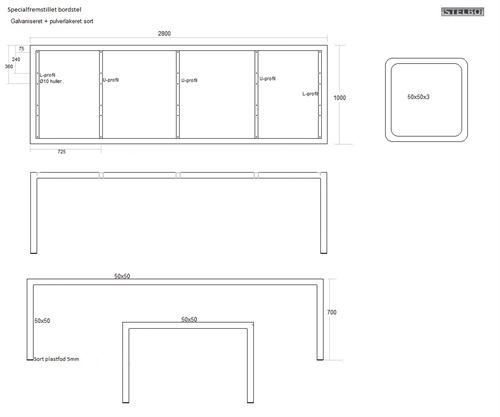 20190520 Specialfremstillet bordstel, sort pulverlakeret, 2800x1000mm, til egeplanker