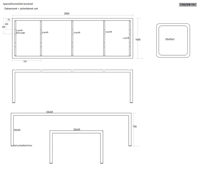 20190520 Specialfremstillet bordstel, sort pulverlakeret, 2800x1000mm, til egeplanker