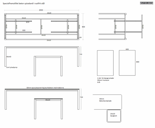 20170313 Specialfremstillet betonbord i rustfrit stål med 2 forlængerplader i linoleum