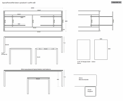 20170321 Specialfremstillet betonbord i rustfrit stål med 2 forlængerplader i beton