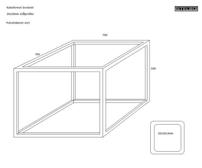 20160516 Specialfremstillet bordstel. 700 x700 x 500mm. Kubestel, 20x20mm sortlakeret. Ex fragt